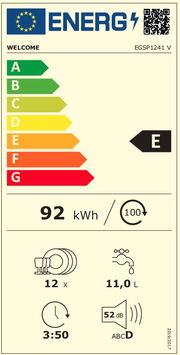 Energieeffizienzlabel für Geschirrspüler mit Energieklasse E, 92 kWh Energieverbrauch pro 100 Zyklen, 12 Maßgedecke, 11,0 Liter Wasserverbrauch, 3:50 Stunden Laufzeit, 52 dB Lautstärke. Frontalansicht.
