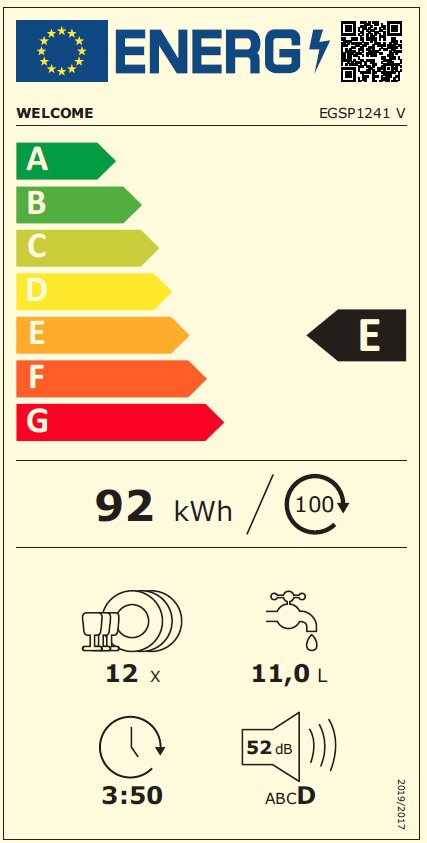 Energie-efficiëntielabel voor vaatwassers met energieklasse E, energieverbruik van 92 kWh per 100 cycli, 12 couverts, waterverbruik van 11,0 liter, looptijd van 3 uur en 50 minuten, geluidsniveau van 52 dB. Vooraanzicht.