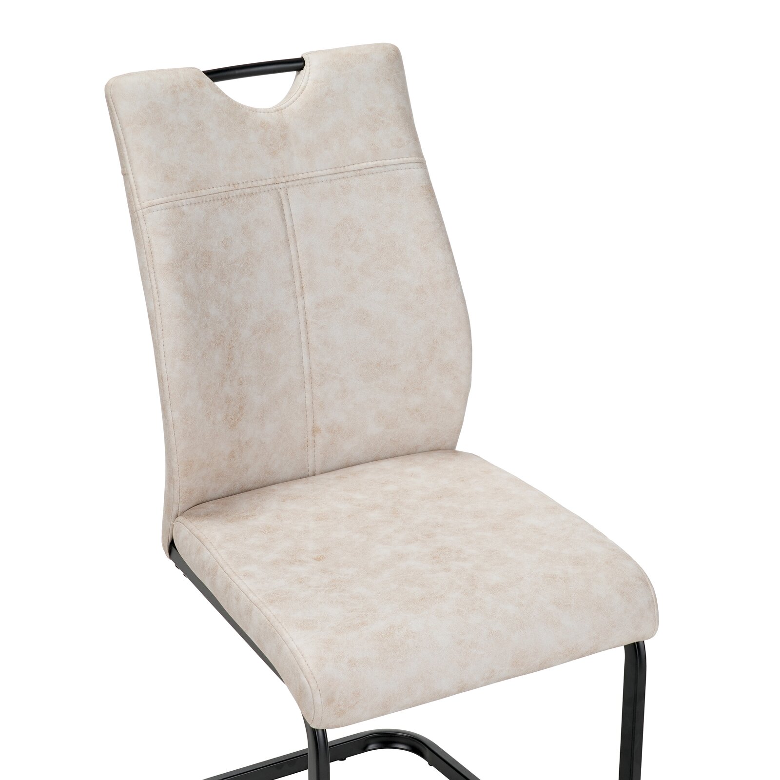 Moderner Schwingstuhl mit beigem Polster und schwarzem Metallgestell, seitliche Perspektive