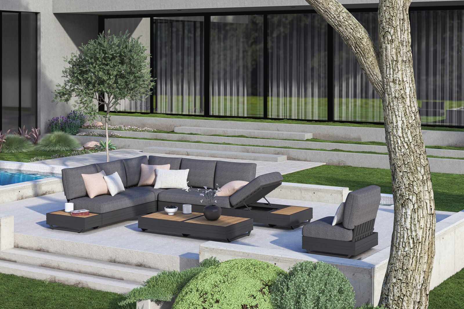 Moderne Gartenmöbel-Lounge mit Ecksofa, Sesseln und Kaffeetischen auf einer Terrasse, seitliche Perspektive