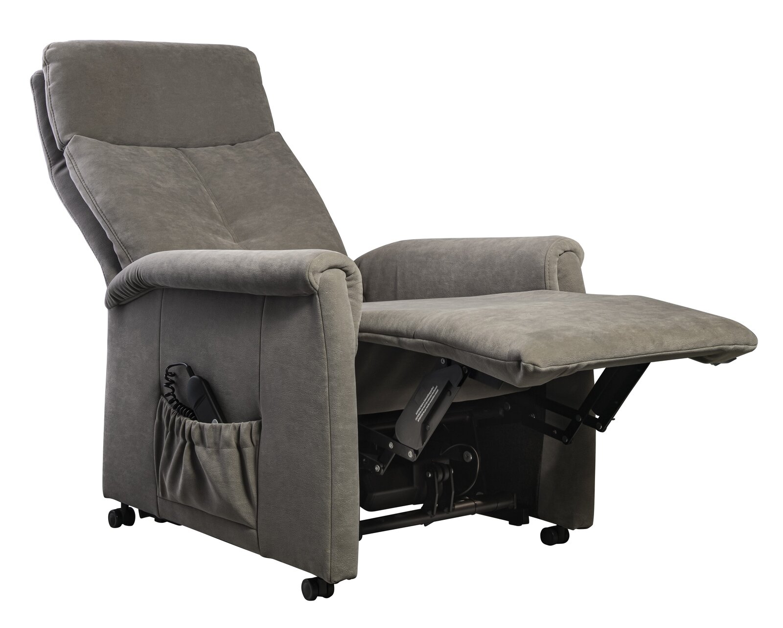 Grauer Fernsehsessel mit ausgeklappter Fußstütze, seitliche Perspektive