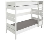 Weißes Etagenbett mit grauen Matratzen, seitliche Perspektive