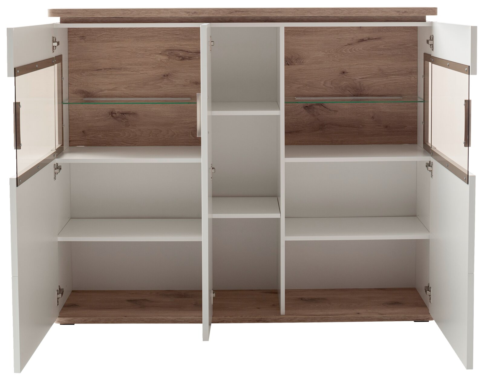 Offenes Sideboard/Kommode in Weiß und Holzoptik mit Glaseinlegeboden, mittigem Regalfach und vier geöffneten Türen, Frontalansicht