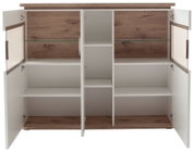Offenes Sideboard/Kommode in Weiß und Holzoptik mit Glaseinlegeboden, mittigem Regalfach und vier geöffneten Türen, Frontalansicht