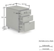 Rollcontainer mit drei Schubladen, auf Rollen, perspektivisch von vorne rechts gezeigt, mit Maßangaben.