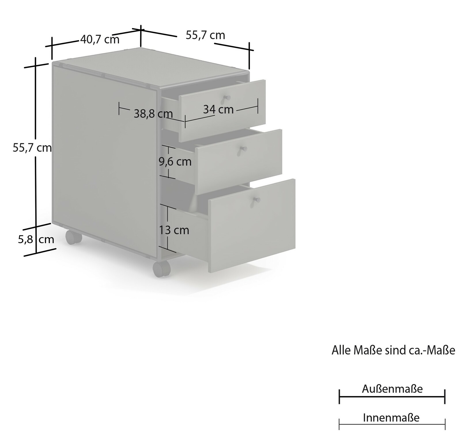 Rollcontainer mit drei Schubladen, auf Rollen, perspektivisch von vorne rechts gezeigt, mit Maßangaben.