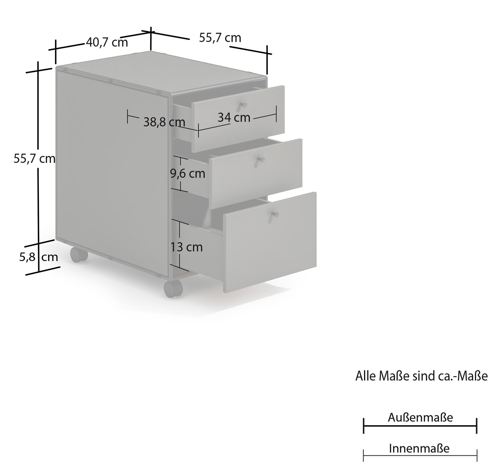 Rollcontainer mit drei Schubladen, auf Rollen, perspektivisch von vorne rechts gezeigt, mit Maßangaben.
