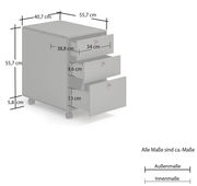 Rollcontainer mit drei Schubladen, auf Rollen, perspektivisch von vorne rechts gezeigt, mit Maßangaben.