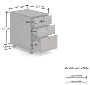Rollcontainer mit drei Schubladen, auf Rollen, perspektivisch von vorne rechts gezeigt, mit Maßangaben.
