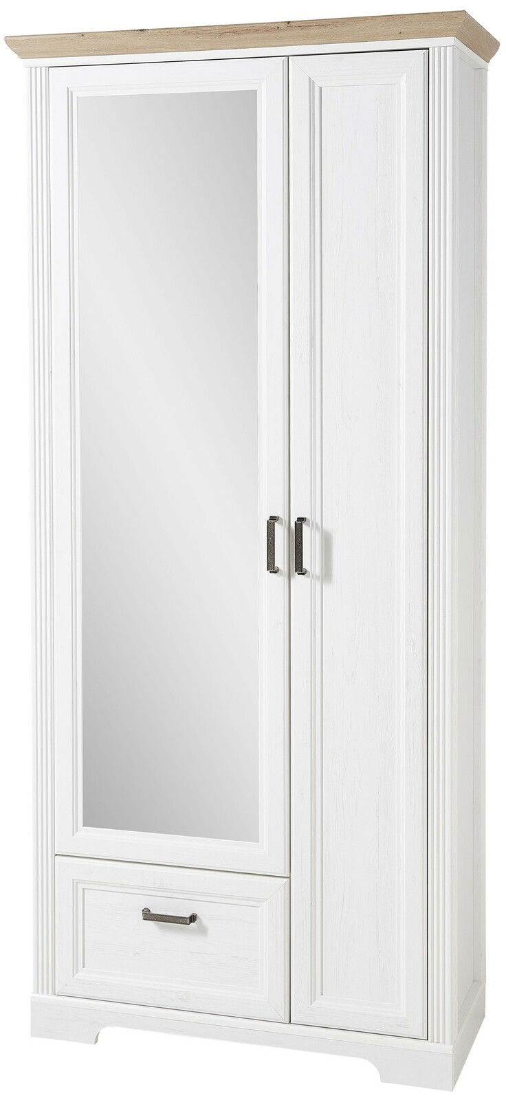 Weißer Garderobenschrank mit Spiegel und Holzoberfläche, Frontalansicht