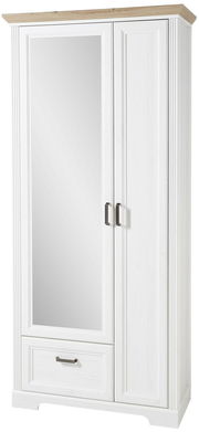 Weißer Garderobenschrank mit Spiegel und Holzoberfläche, Frontalansicht