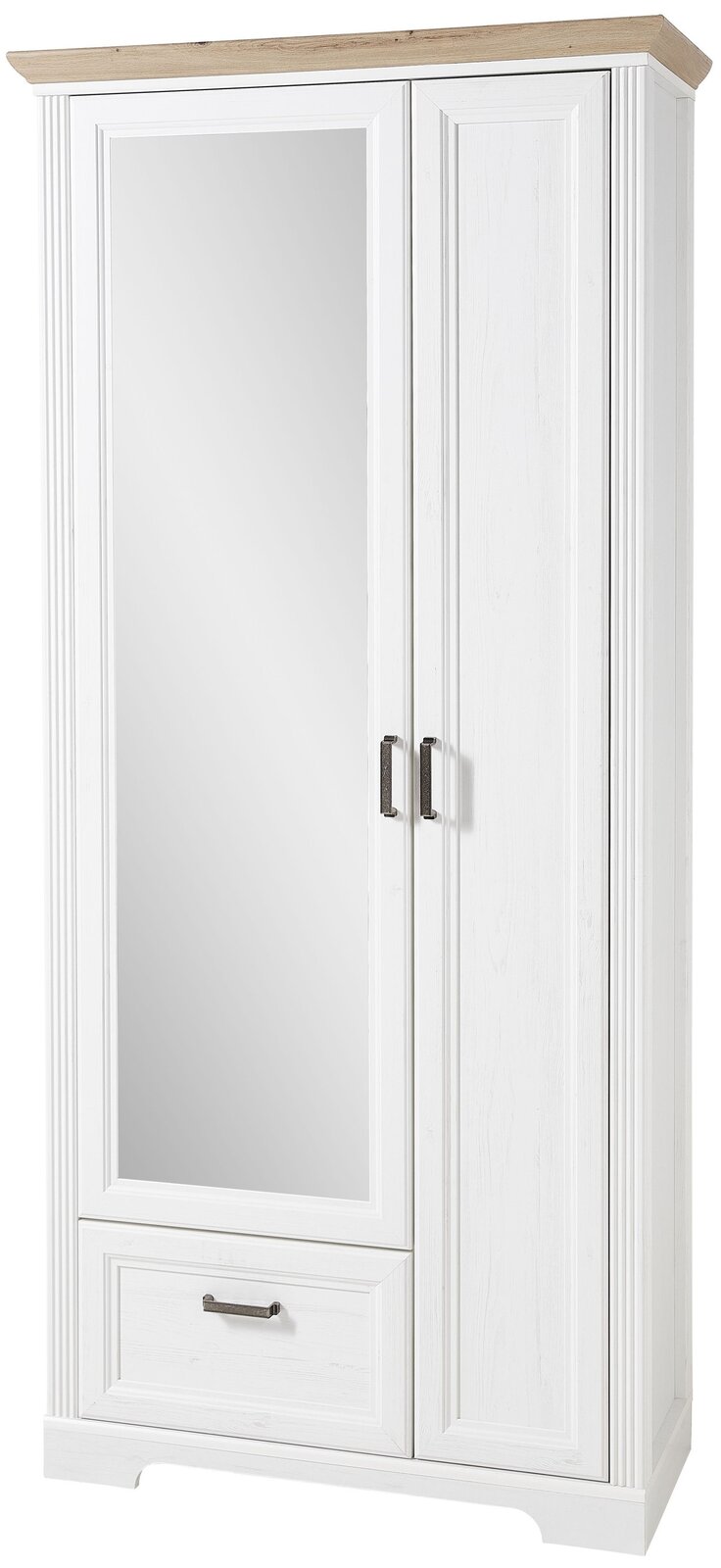 Landscape Schuhschrank JUDITH Weißer Garderobenschrank mit Spiegel und Holzoberfläche, Frontalansicht