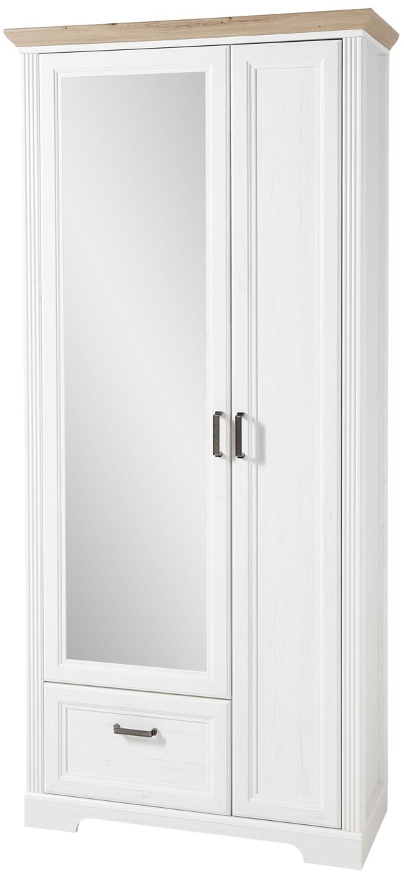 Landscape Garderobenschrank breit JUDITH Weißer Garderobenschrank mit Spiegel und Holzoberfläche, Frontalansicht