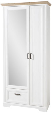 Weißer Garderobenschrank mit Spiegel und Holzoberfläche, Frontalansicht