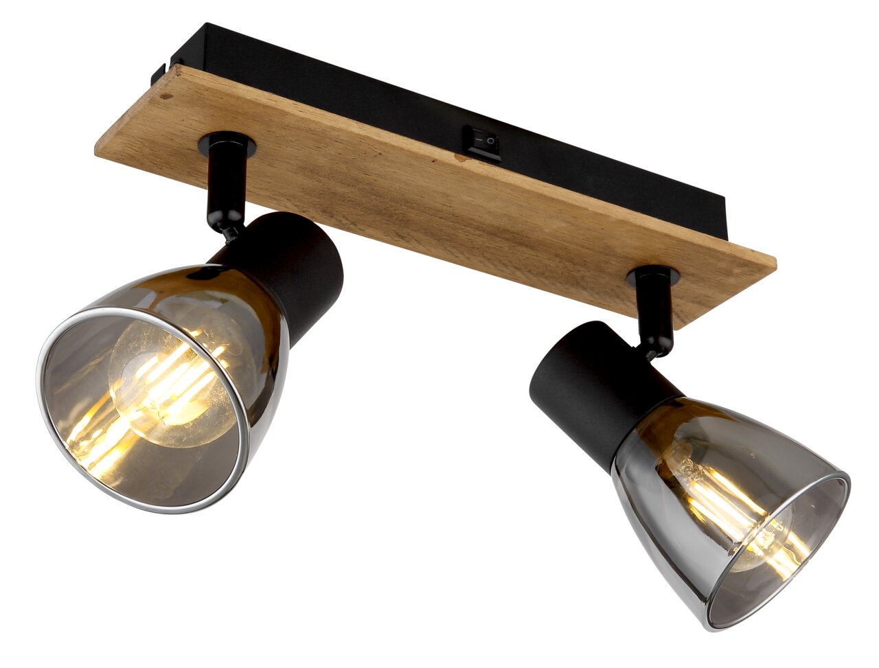 Globo Lighting Strahler CLAUDE Zweiflammiger Deckenstrahler mit Holzplatte und schwarzen Fassungen, seitliche Perspektive
