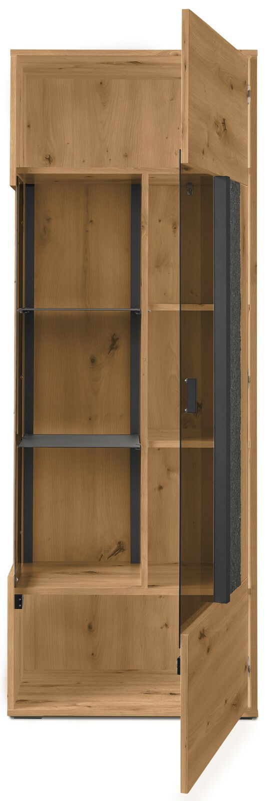 Holz-Highboard mit Glastür, teilweise geöffnet, Perspektive von vorne rechts