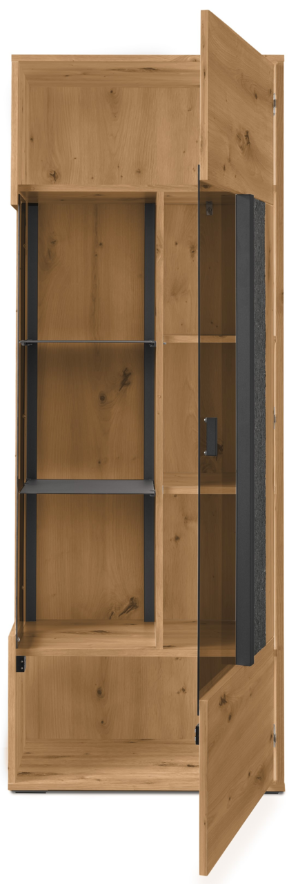 Holz-Highboard mit Glastür, teilweise geöffnet, Perspektive von vorne rechts