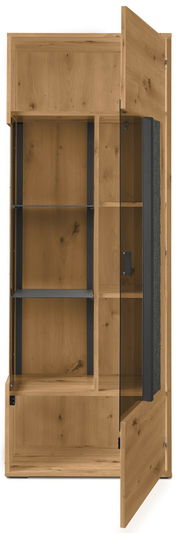 Holz-Highboard mit Glastür, teilweise geöffnet, Perspektive von vorne rechts