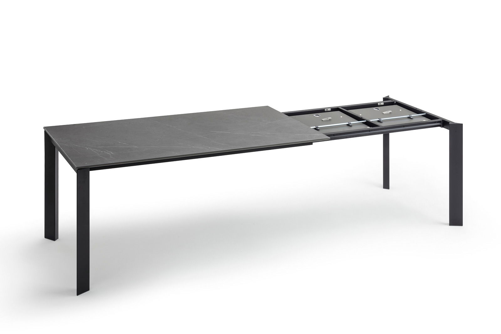 Moderner Esstisch mit ausziehbarer Tischplatte, seitliche Perspektive
