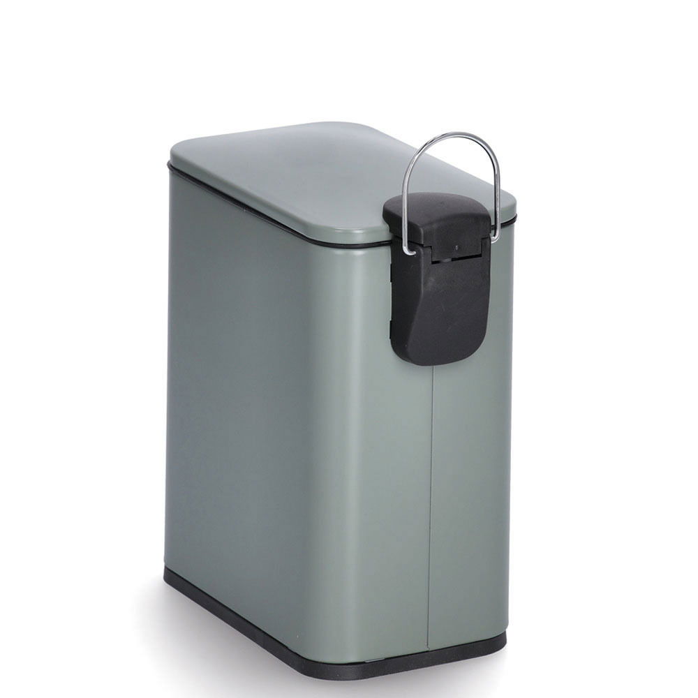 Grauer Treteimer mit 5 Litern Fassungsvermögen, Soft-Close-Mechanismus, seitliche Perspektive