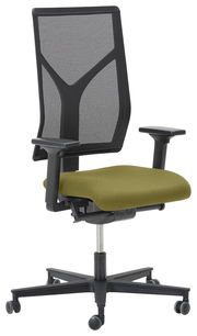 Moderner Drehstuhl mit grünem Sitzpolster und schwarzer Netzrückenlehne, seitliche Perspektive