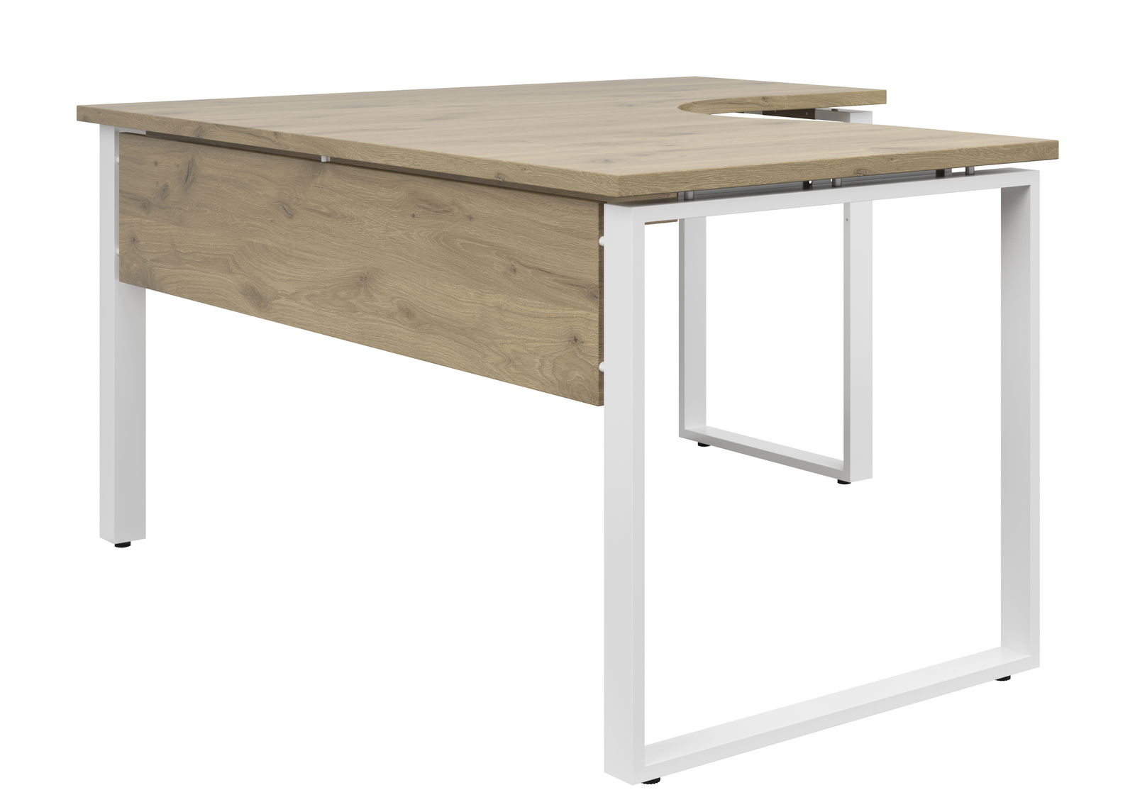 Moderner Eckschreibtisch mit Holzoberfläche und weißem Metallgestell, seitliche Perspektive