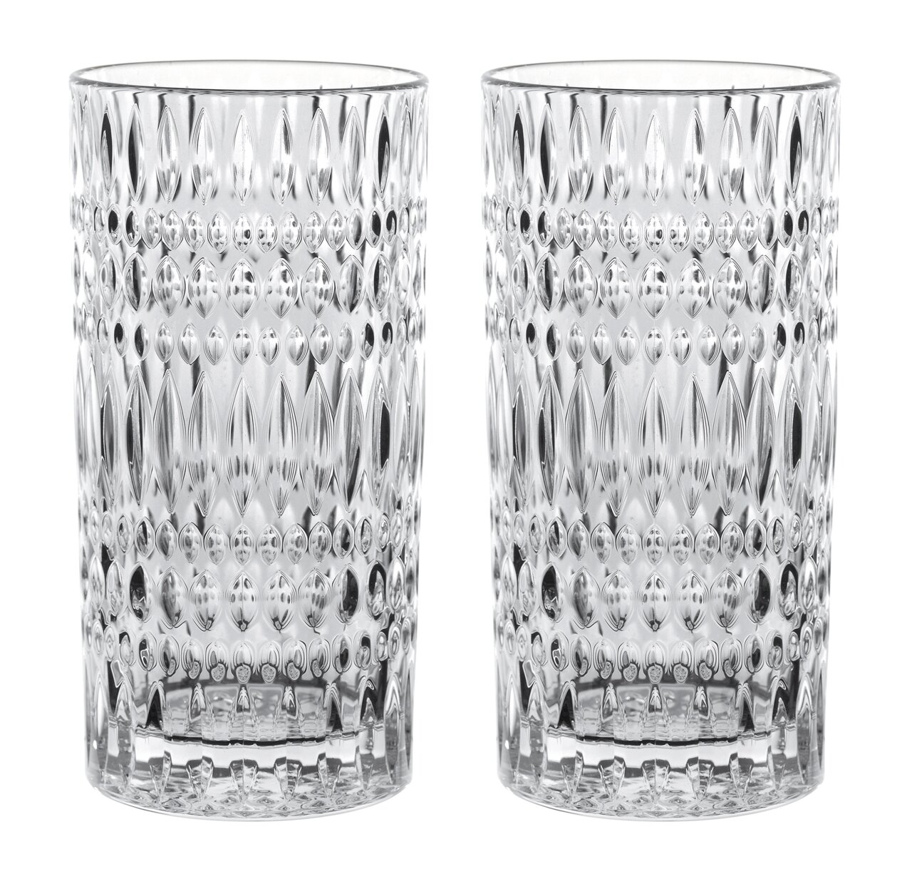 Zwei hohe, verzierte Gläser aus klarem Glas, frontal fotografiert.