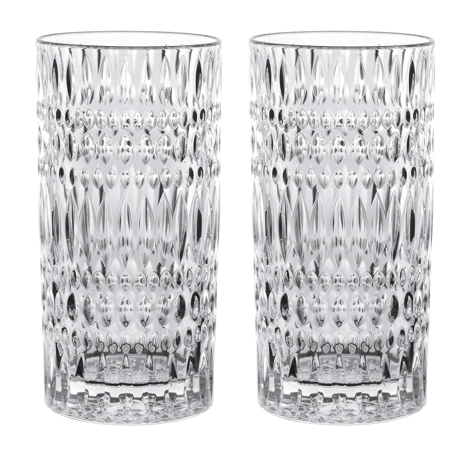 Zwei hohe, verzierte Gläser aus klarem Glas, frontal fotografiert.
