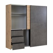Schwebetürenschrank WINN2 in Holzoptik mit grauen Fronten, teilweise geöffnet, seitliche Perspektive