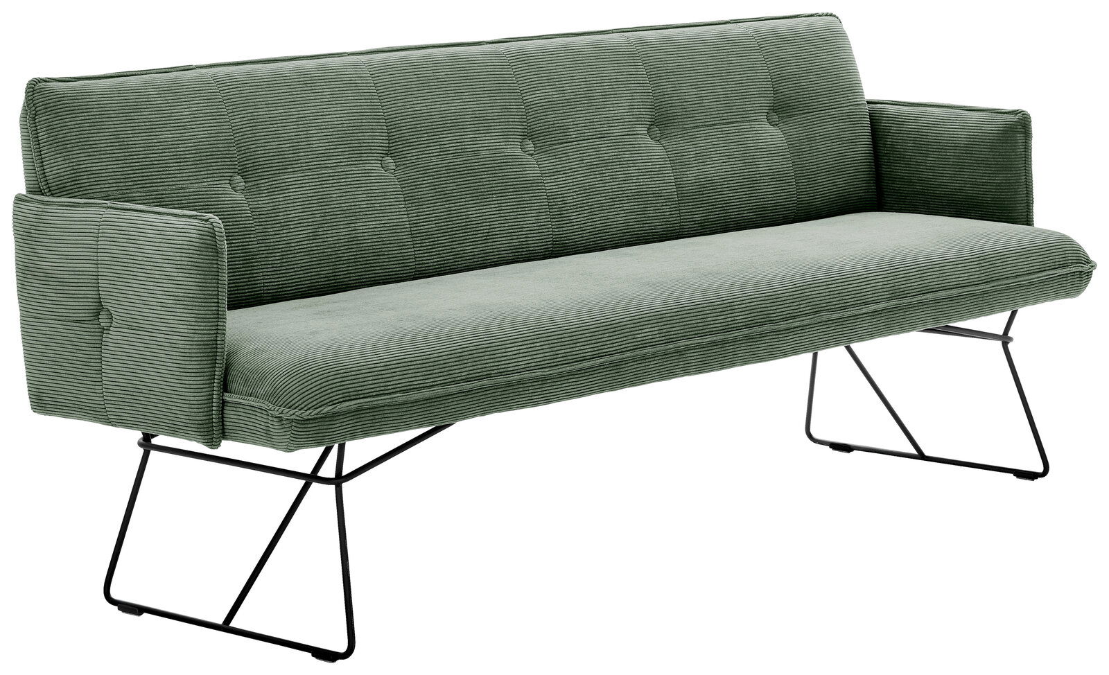 Pure Home Lifestyle Solobank 3-Sitzer med COCONUT Grüne 3-Sitzer-Solobank mit geripptem Stoffbezug und schwarzen Metallbeinen, seitliche Perspektive