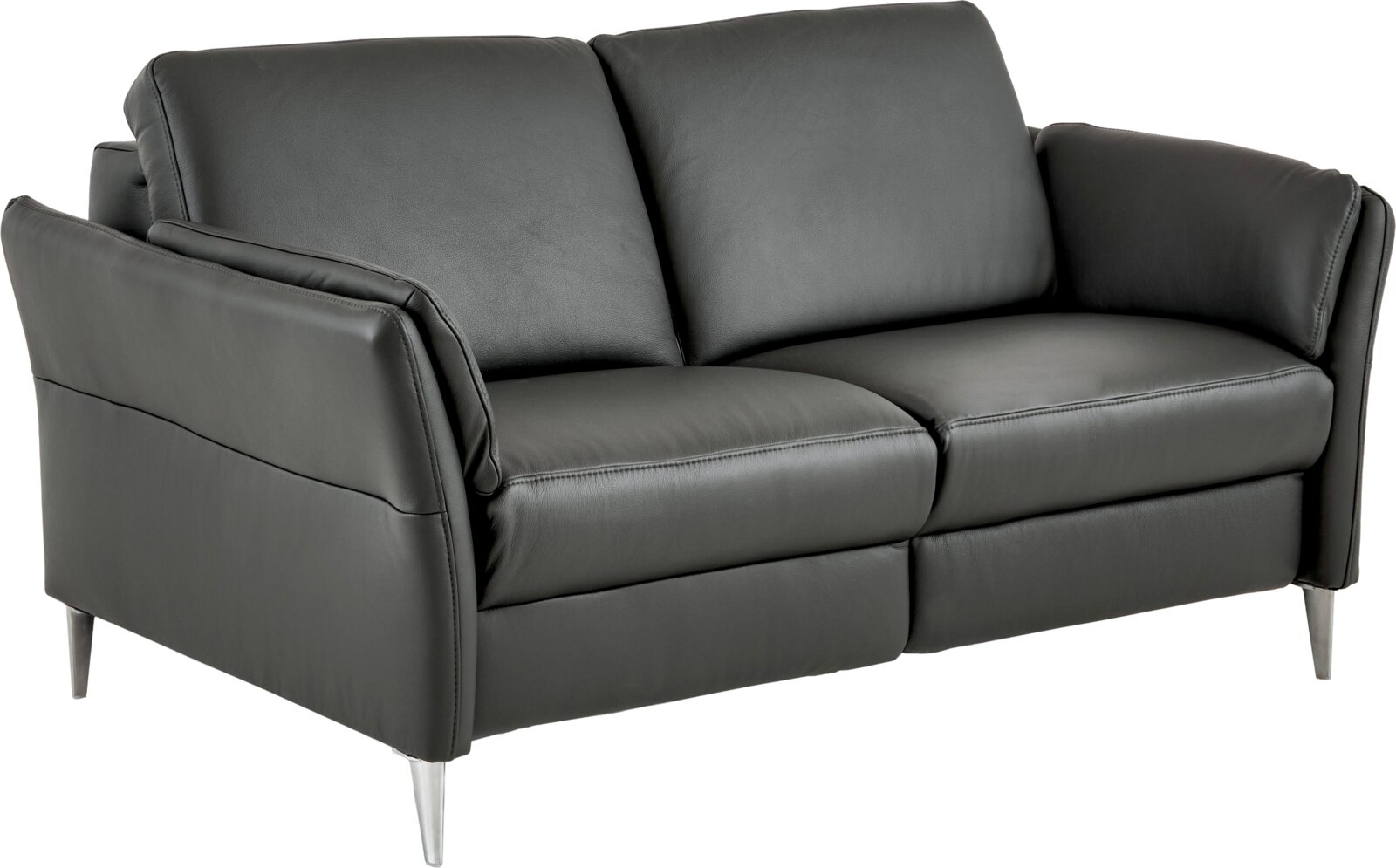 Dieter Knoll Sofa 2,5er LATINA L Dunkelgraues 2-Sitzer-Ledersofa mit breiten Armlehnen, gepolsterten Rücken- und Sitzkissen sowie schlanken Metallfüßen, gezeigt in schräger Vorderansicht von links