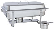 Chafing-Dish aus Edelstahl, seitliche Perspektive, mit Deckel und Brennpastebehälter.