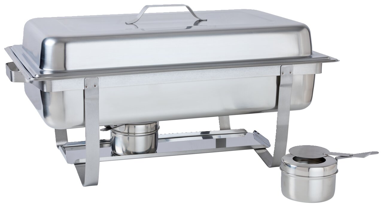 Chafing-Dish aus Edelstahl, seitliche Perspektive, mit Deckel und Brennpastebehälter.