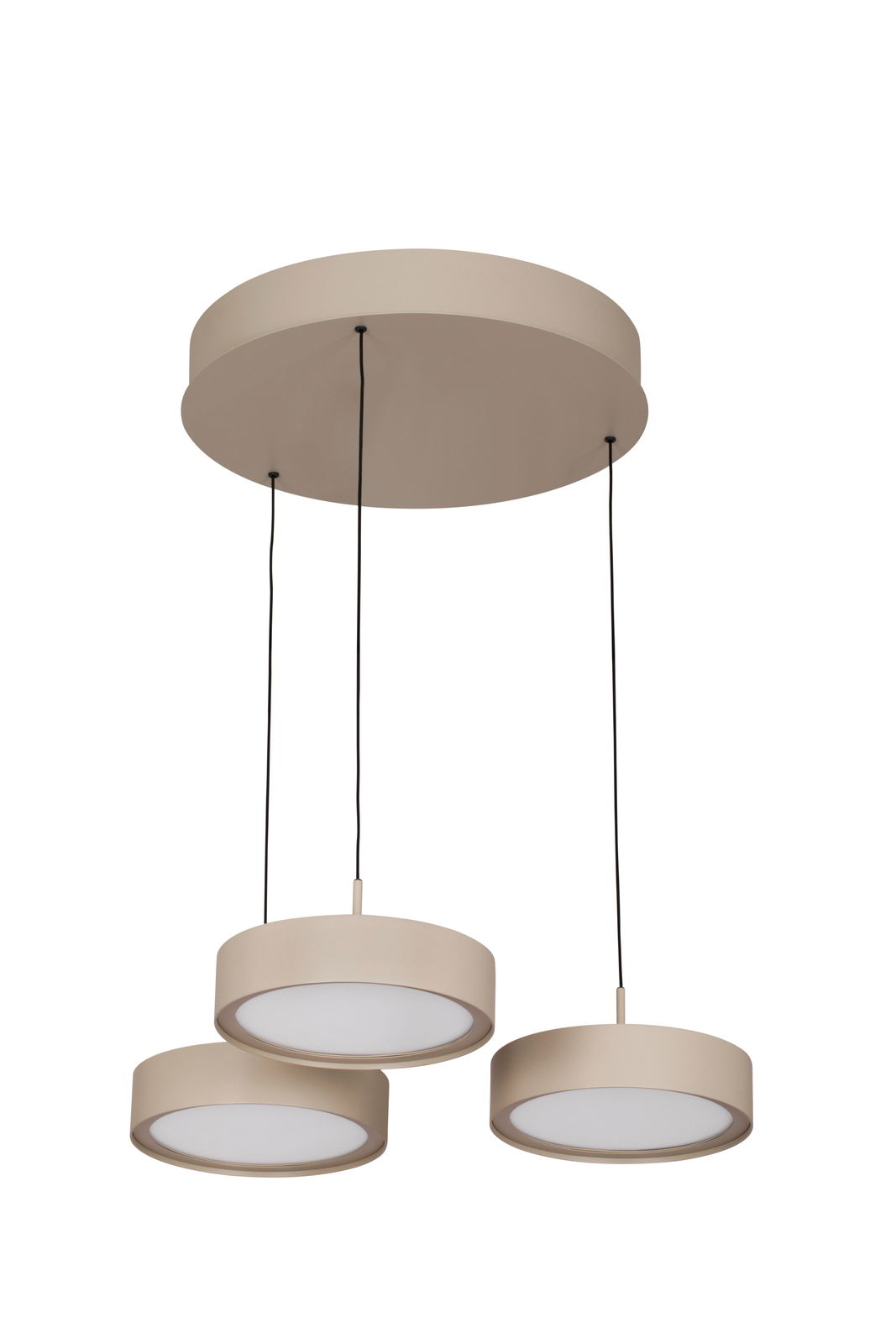 Moderne LED-Hängeleuchte mit drei runden, beige-farbenen Lampenschirmen, von unten betrachtet.