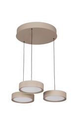Moderne LED-Hängeleuchte mit drei runden, beige-farbenen Lampenschirmen, von unten betrachtet.