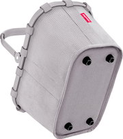 Graue Reisenthel Kühltasche/Isoliertasche mit geripptem Stoff, stabilem Rahmen und Tragegriff, Ansicht schräg von unten auf die Standfläche mit vier schwarzen Füßen