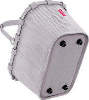 Graue Reisenthel Kühltasche/Isoliertasche mit geripptem Stoff, stabilem Rahmen und Tragegriff, Ansicht schräg von unten auf die Standfläche mit vier schwarzen Füßen