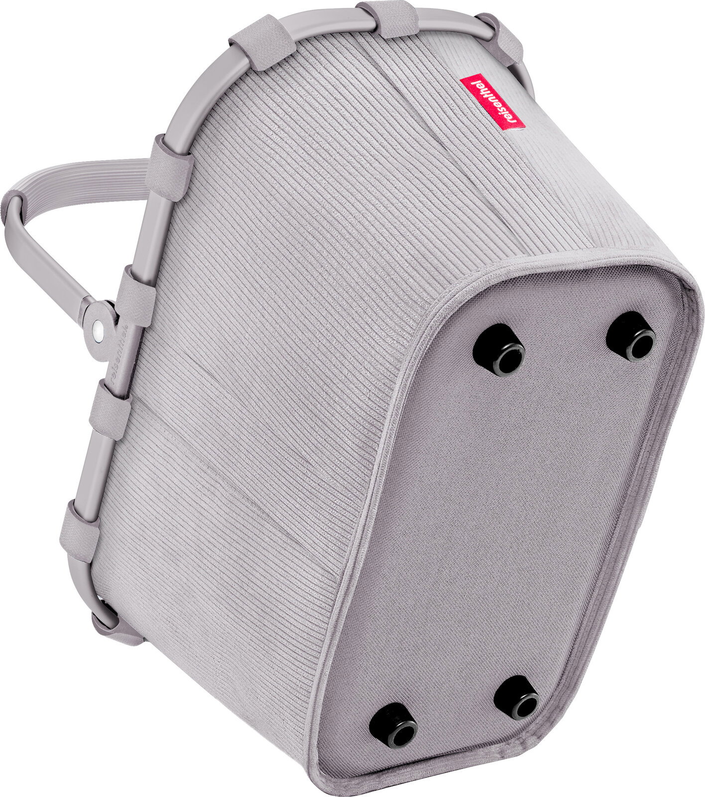 Graue Reisenthel Kühltasche/Isoliertasche mit geripptem Stoff, stabilem Rahmen und Tragegriff, Ansicht schräg von unten auf die Standfläche mit vier schwarzen Füßen