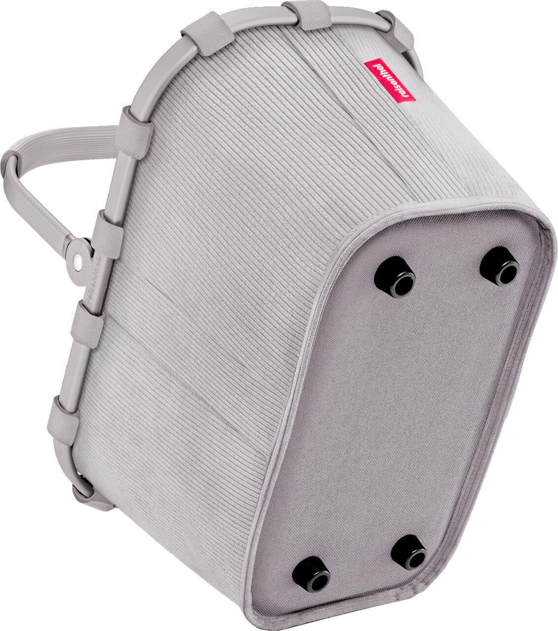 Graue Reisenthel Kühltasche/Isoliertasche mit geripptem Stoff, stabilem Rahmen und Tragegriff, Ansicht schräg von unten auf die Standfläche mit vier schwarzen Füßen