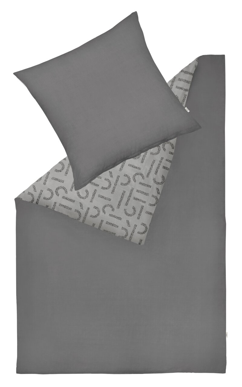 Graue Bettwäsche 200x200cm mit Kissenbezug, teilweise umgeschlagen, um das gemusterte Innere zu zeigen, Draufsicht