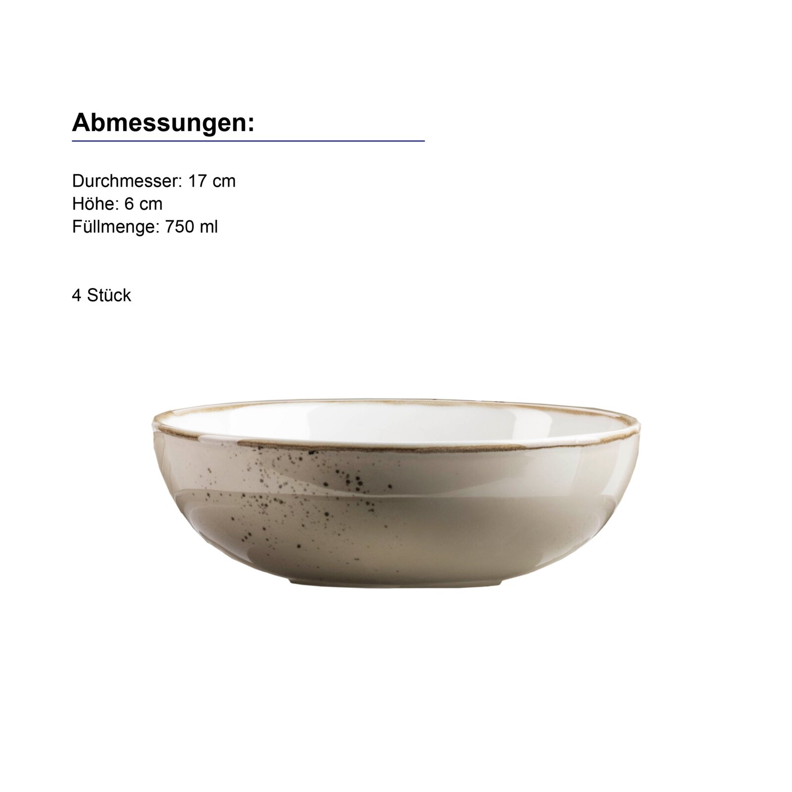 Beige gesprenkelte Keramikschüssel mit braunem Rand (Ø 17 cm, Höhe 6 cm, 750 ml), freigestellt auf weißem Hintergrund, seitliche Produktansicht.