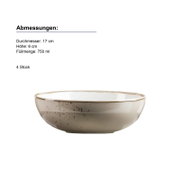 Beige gesprenkelte Keramikschüssel mit braunem Rand (Ø 17 cm, Höhe 6 cm, 750 ml), freigestellt auf weißem Hintergrund, seitliche Produktansicht.