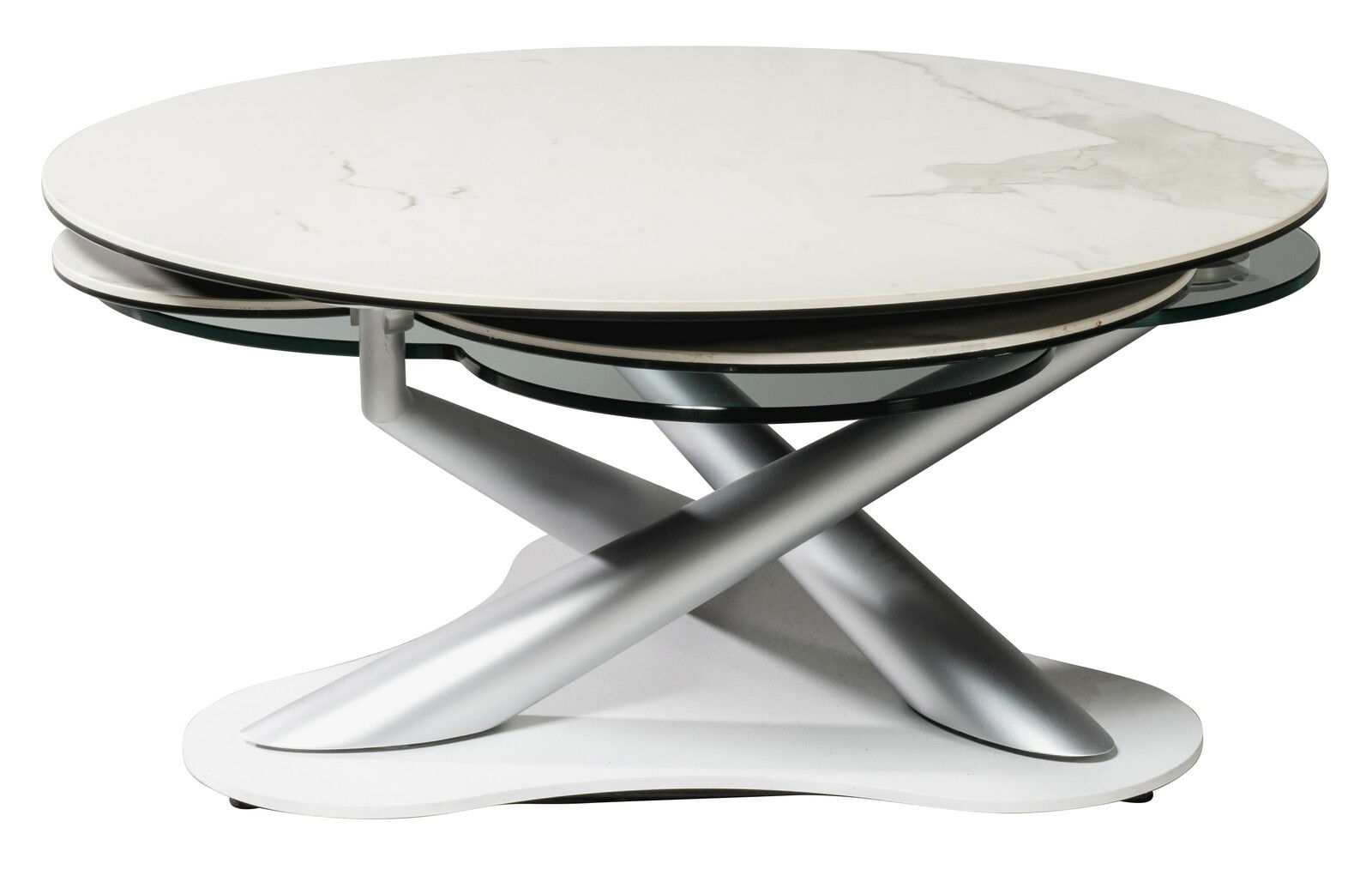Moderner Couchtisch mit runder, marmorierter Tischplatte und silbernem, überkreuztem Gestell, seitliche Perspektive
