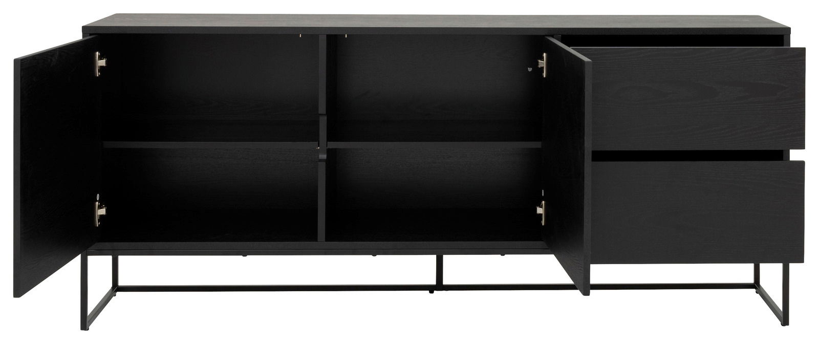 Schwarzes Sideboard mit offenen Türen und Schubladen, frontale Ansicht