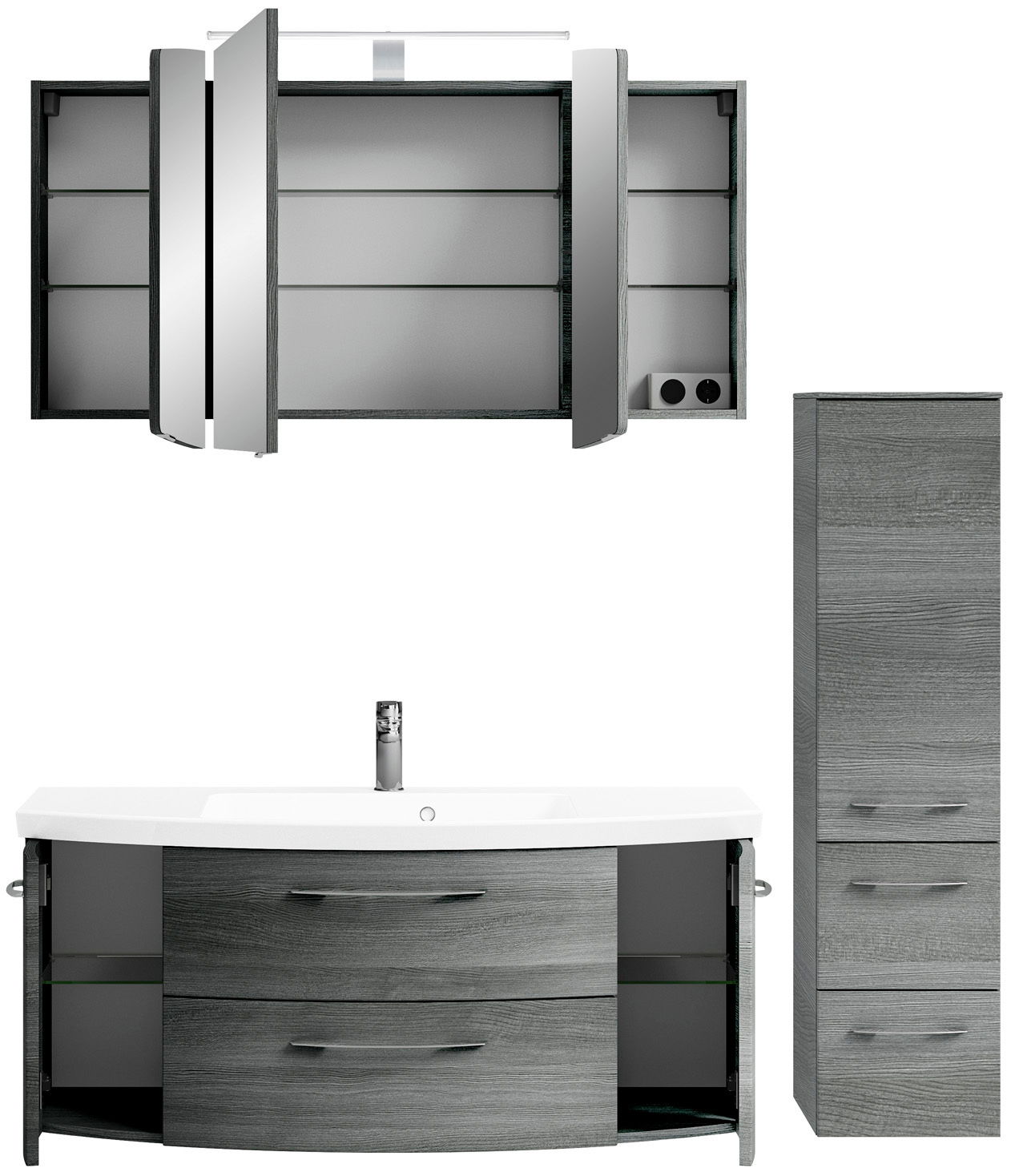 Pelipal Badkombination CASSCA SPRINT Moderne Badkombination in grauer Holzoptik, bestehend aus einem Spiegelschrank mit offenen Türen, einem Waschtisch mit Schubladen und einem hohen Schrank. Frontalansicht.