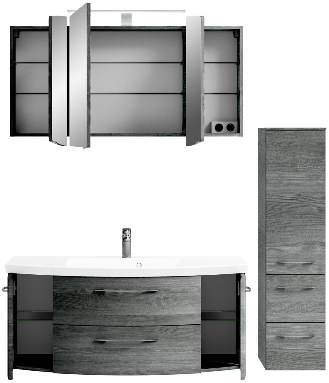 Pelipal Badkombination CASSCA SPRINT Moderne Badkombination in grauer Holzoptik, bestehend aus einem Spiegelschrank mit offenen Türen, einem Waschtisch mit Schubladen und einem hohen Schrank. Frontalansicht.