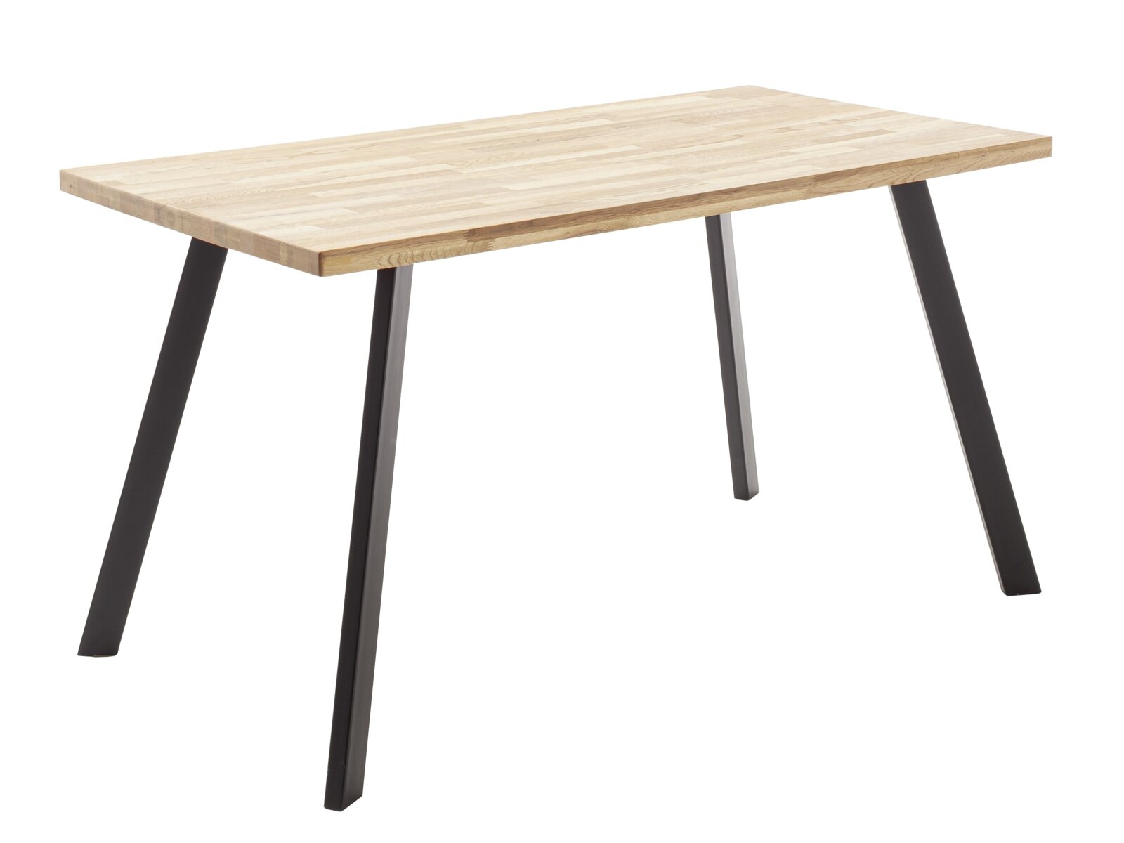 Moderner Esstisch mit Holzplatte und schwarzen Metallbeinen, seitliche Perspektive