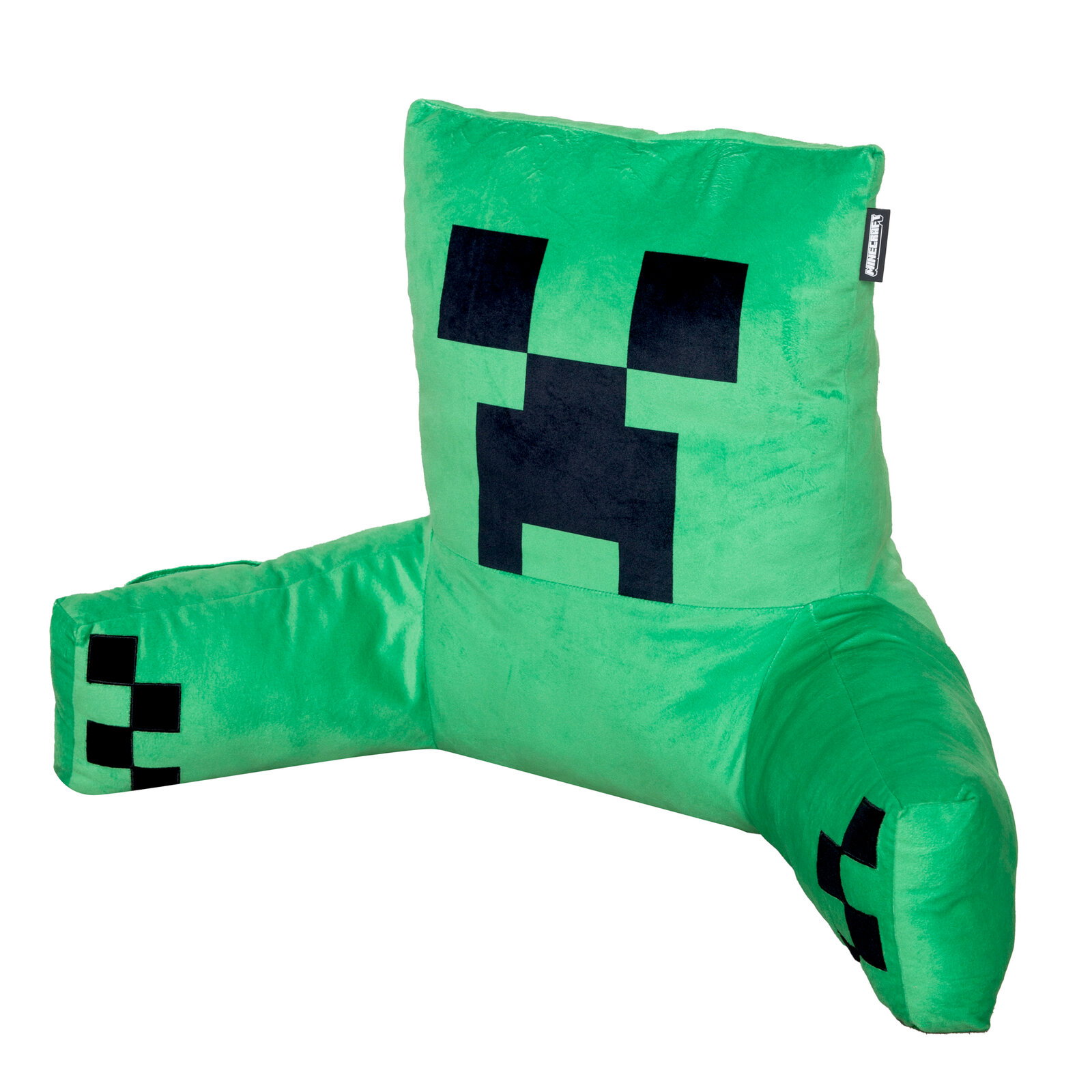 Grünes, plüschiges Minecraft-Creeper-Sitzkissen mit Armlehnen und pixeligem Gesicht, freigestellt auf weißem Hintergrund, Perspektive: leicht schräg von vorne