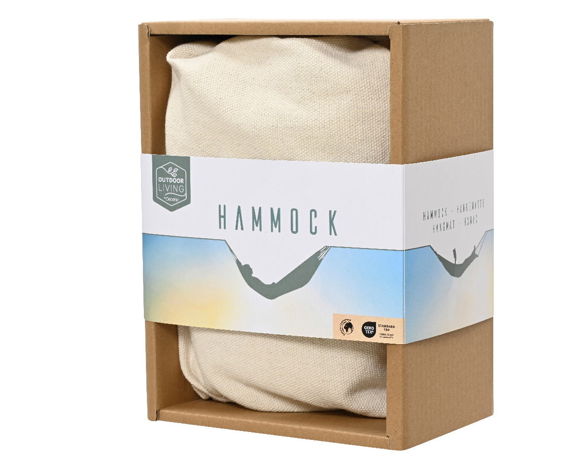Verpackte Hängematte aus Polyester-Baumwoll-Mischung in einer Kartonverpackung, Vorderansicht