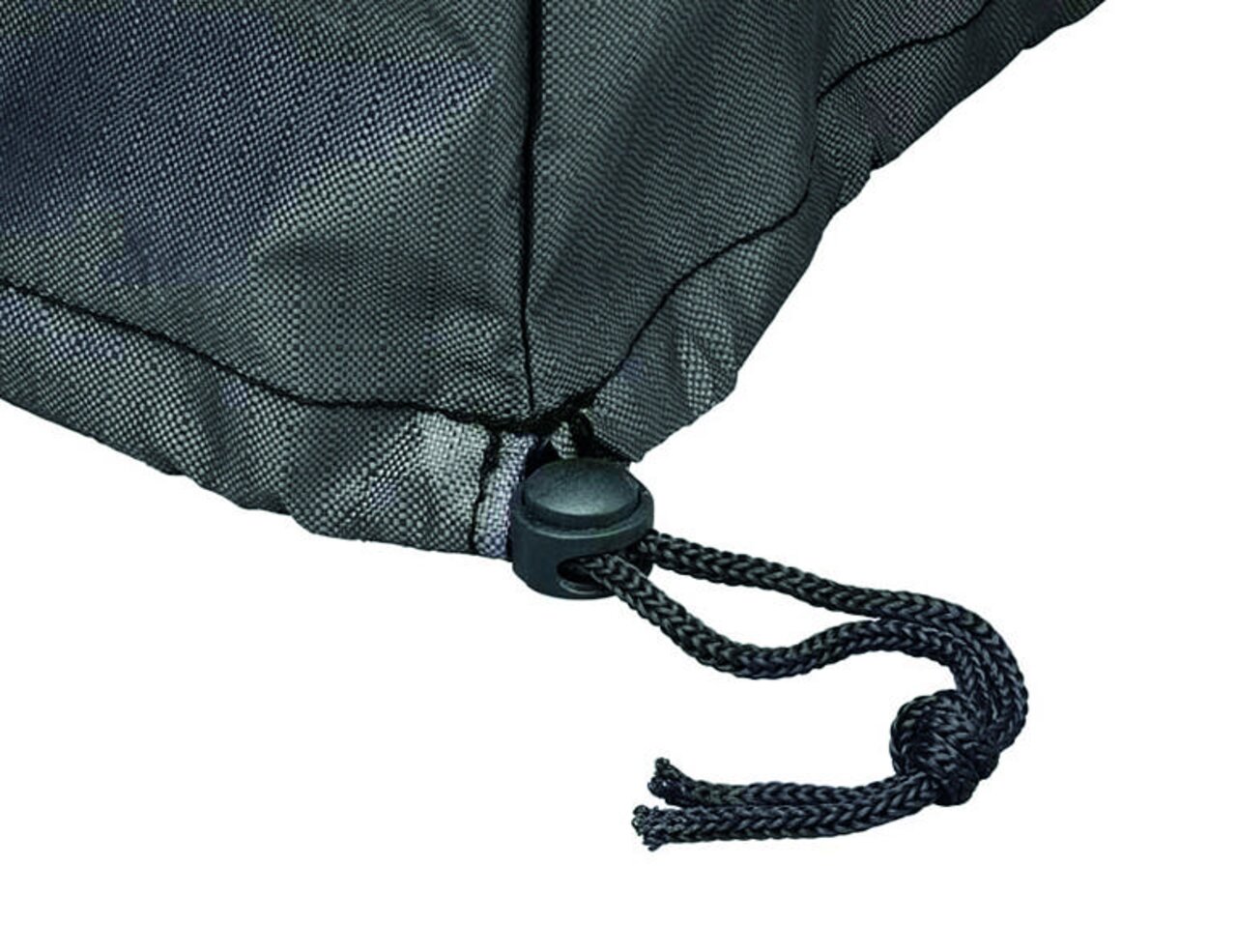 Nahaufnahme einer schwarzen Liegenhülle mit Kordelzug und Stopper.